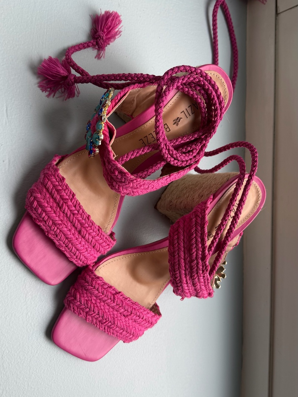 Bright Pink Braided Lace-Up Block Heel Sandals